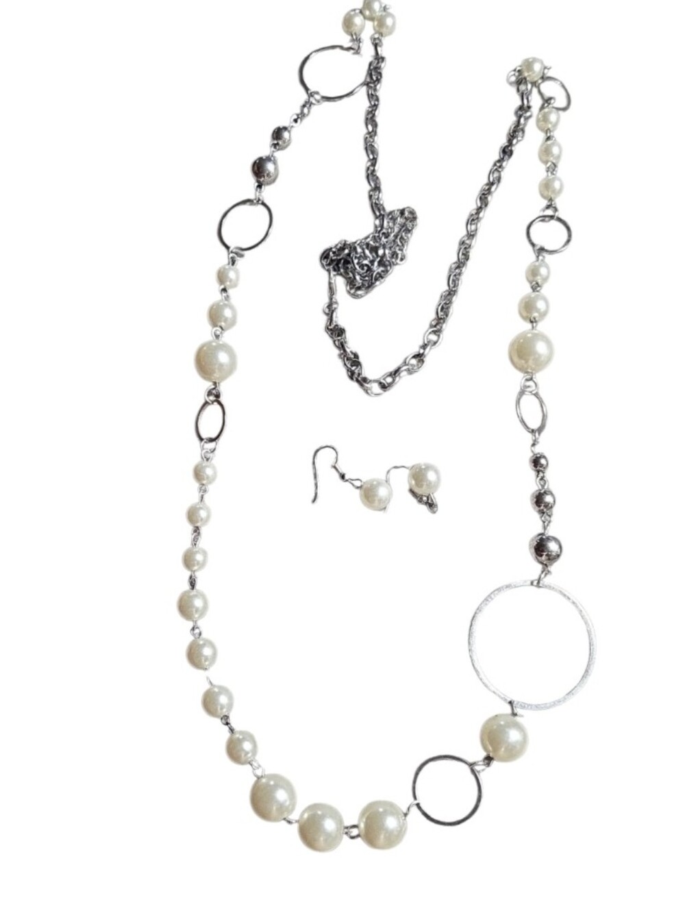 Pearl and Silver-Tone Long Necklace with Matching Earrings - Ivory